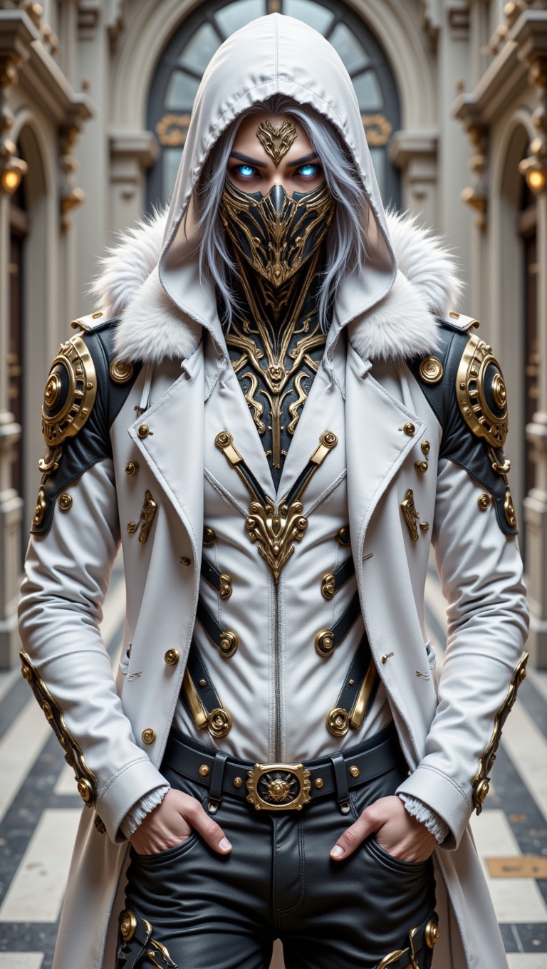 "A futuristic male character with a cyberpunk aesthetic,  featuring a striking blend of regal and modern elements. The cha...