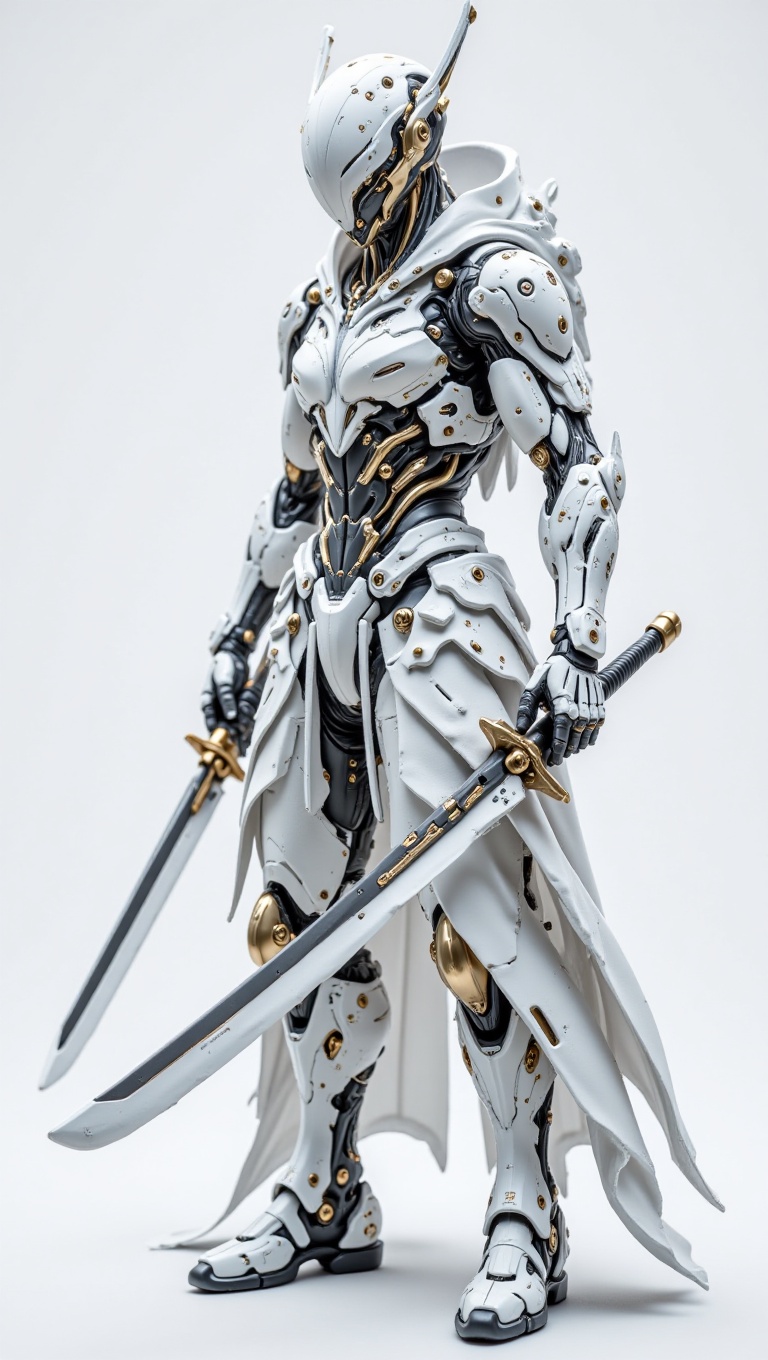 Create a futuristic robotic warrior wearing highly detailed white and metallic armor with sleek,  angular shapes. The armo...