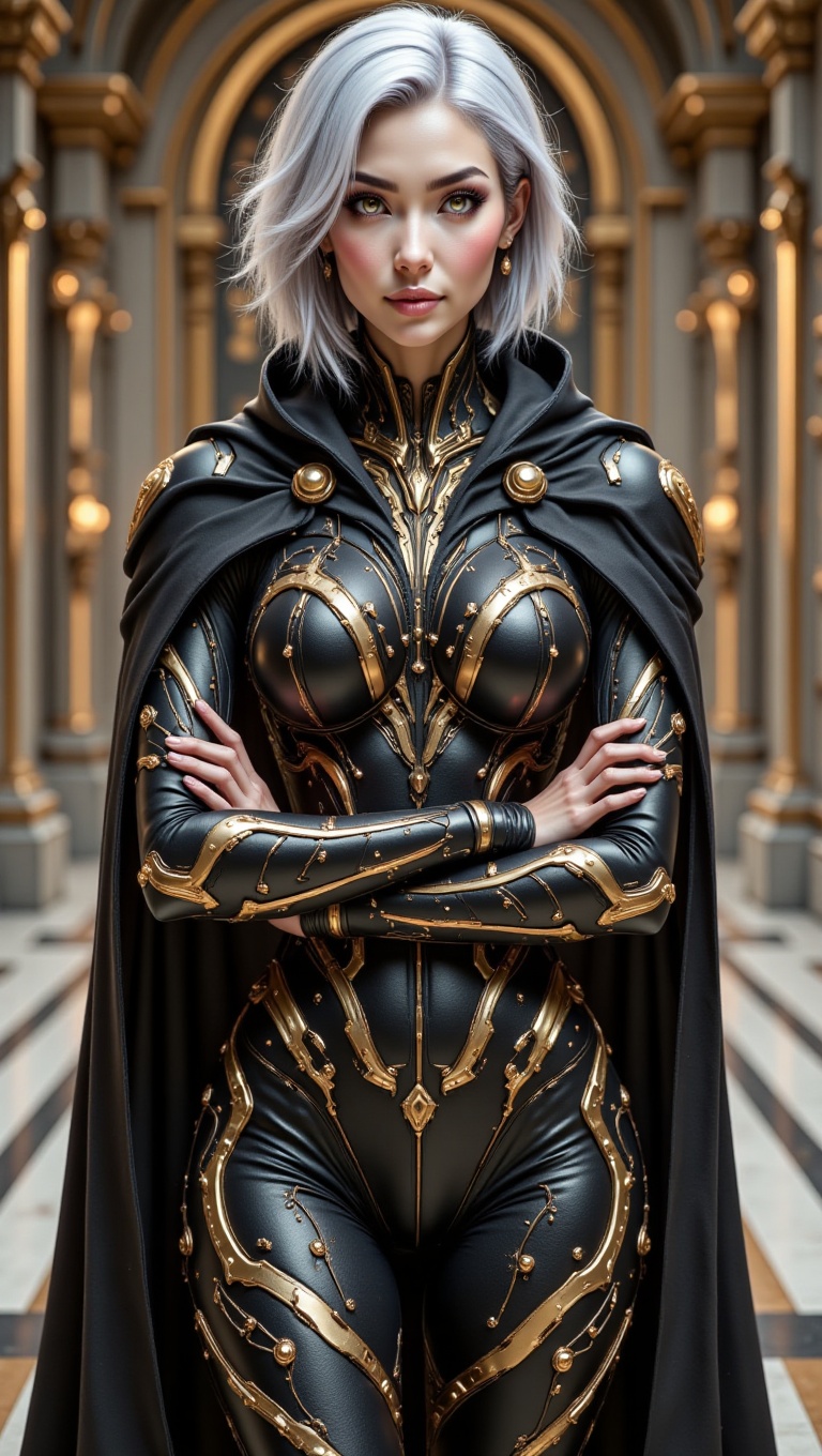 "A futuristic and elegant female figure with a striking,  otherworldly presence,  standing confidently in a minimalistic y...