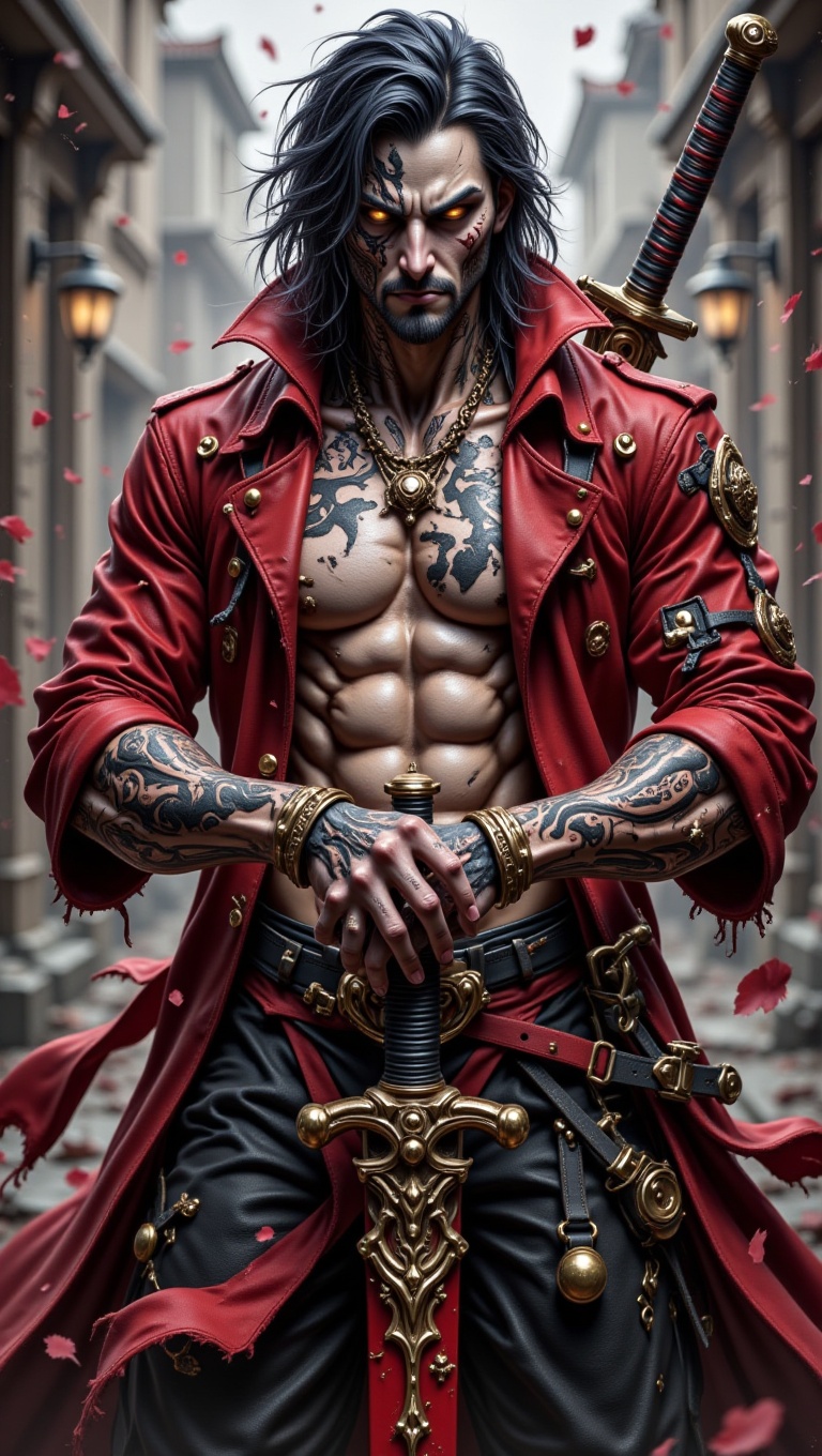 A scarred and intensely focused swordsman,  standing in a powerful pose,  conveying determination and a hint of weariness]...