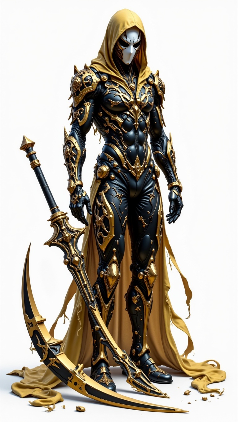 A full-body digital illustration of a mysterious figure. The character is wearing a sleek black suit with ornate,  intrica...