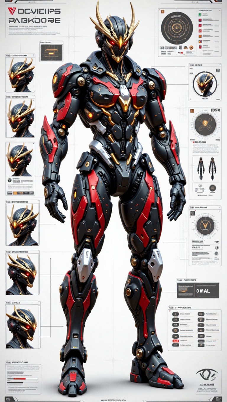 A highly detailed concept design of a futuristic mecha warrior,  showcased in a technical blueprint-style layout. The cent...