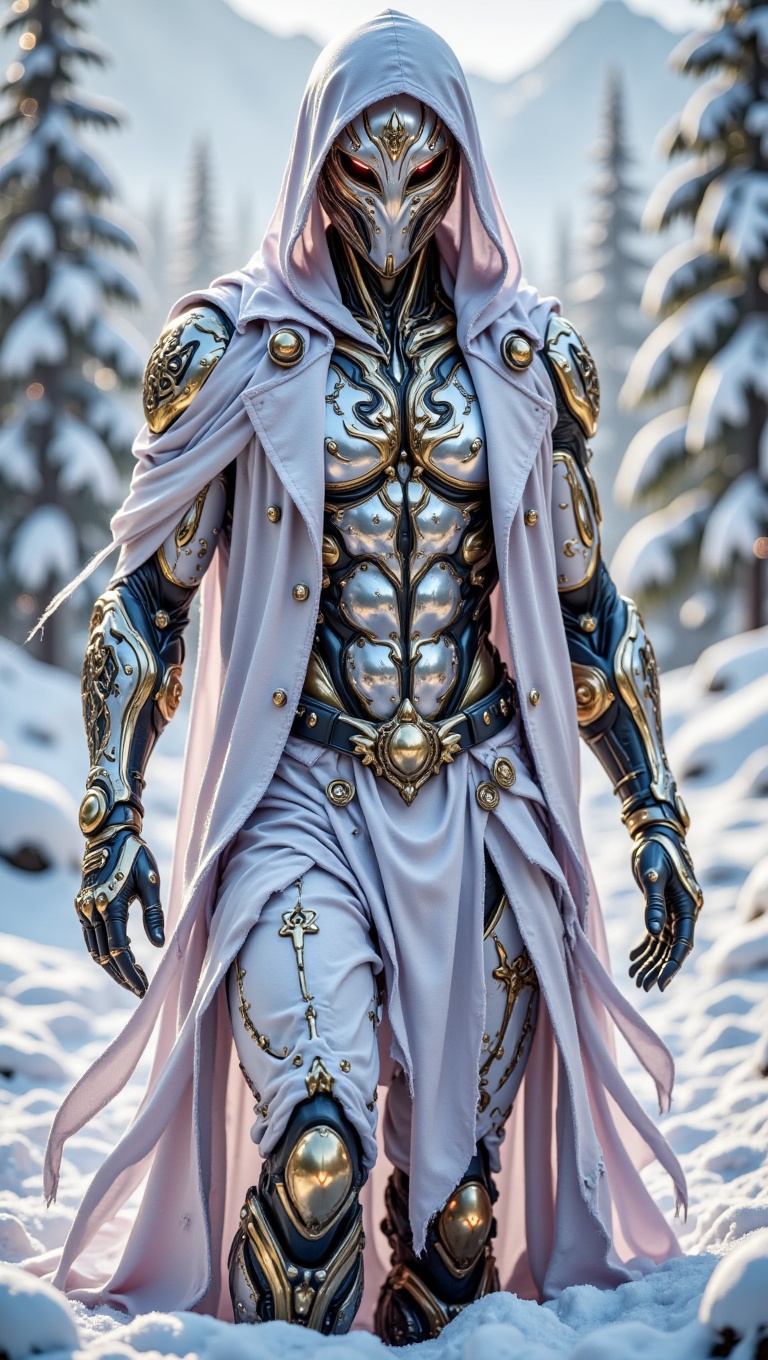 a photo of,  ultra-wide landscape shot at Snow mountain during winter season,  of A full-body shot of an assassin in shiny...