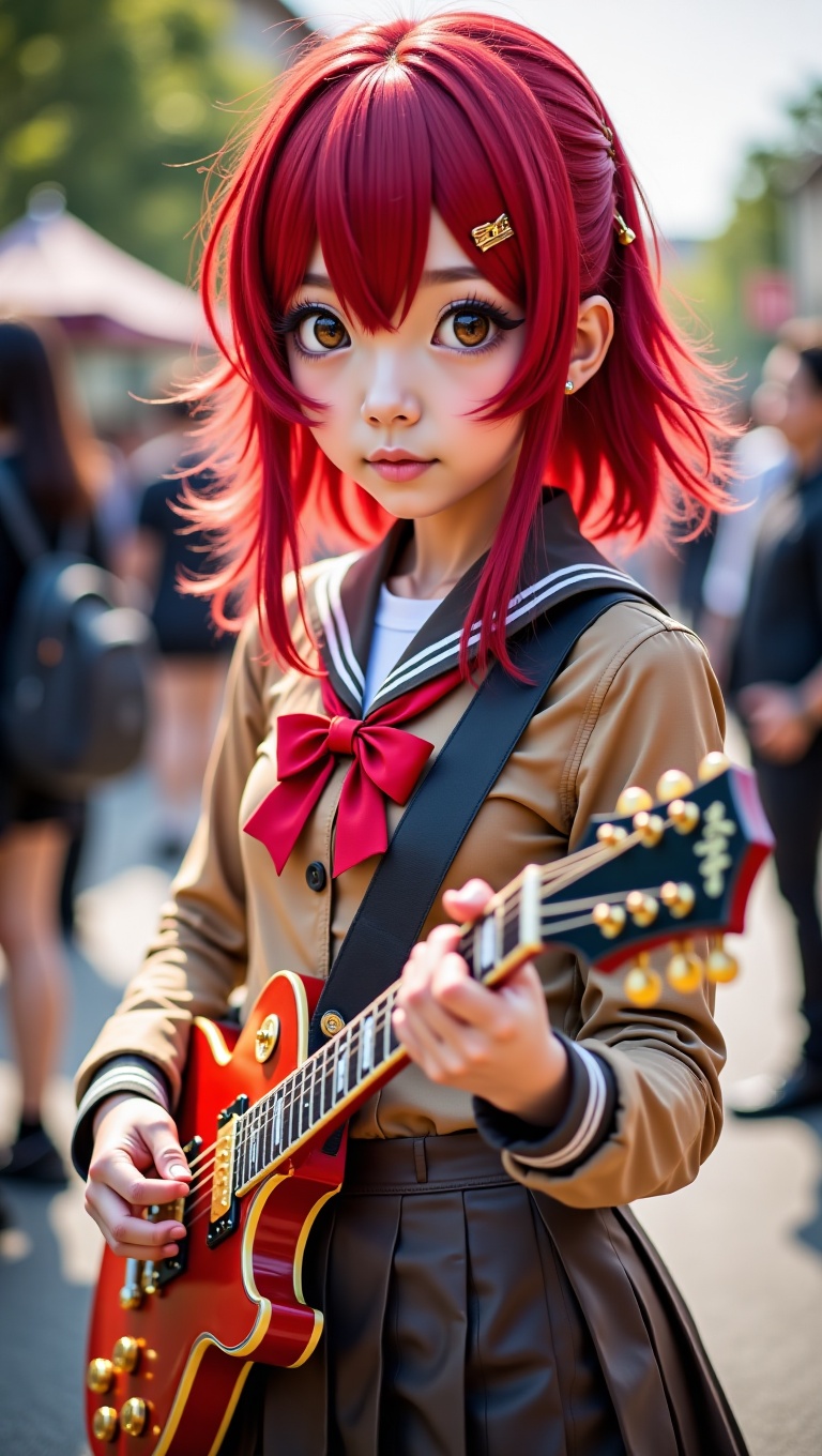 A young Japanese Girl cosplaying as Ikuyo Kita,  a bright red hair with grown-out bangs. Her hair is often depicted in a s...