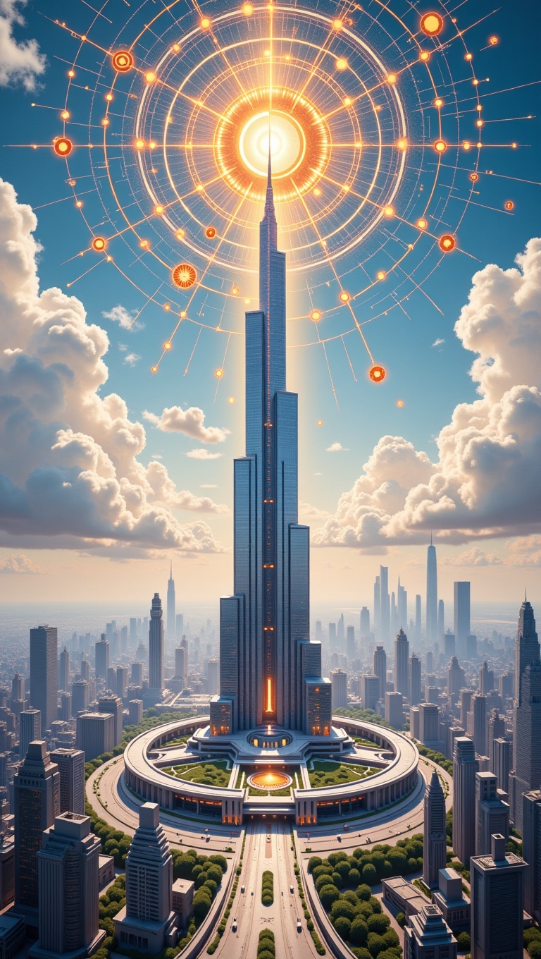 A majestic,  futuristic cityscape in the style of a detailed oil painting. The central focus is a modern,  grand architect...