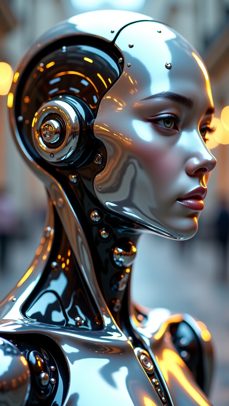 portrait of a futuristic android,  glossy finish,  polished chrome surface on Tensor.Art
