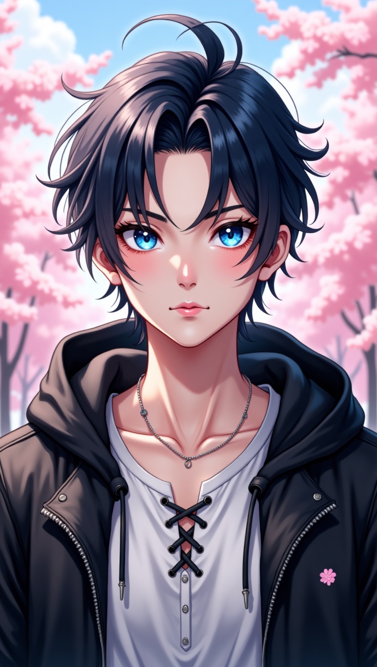 A portrait of a young man with dark,  slightly messy hair tied back,  and striking blue eyes. He has a serious on Tensor.Art