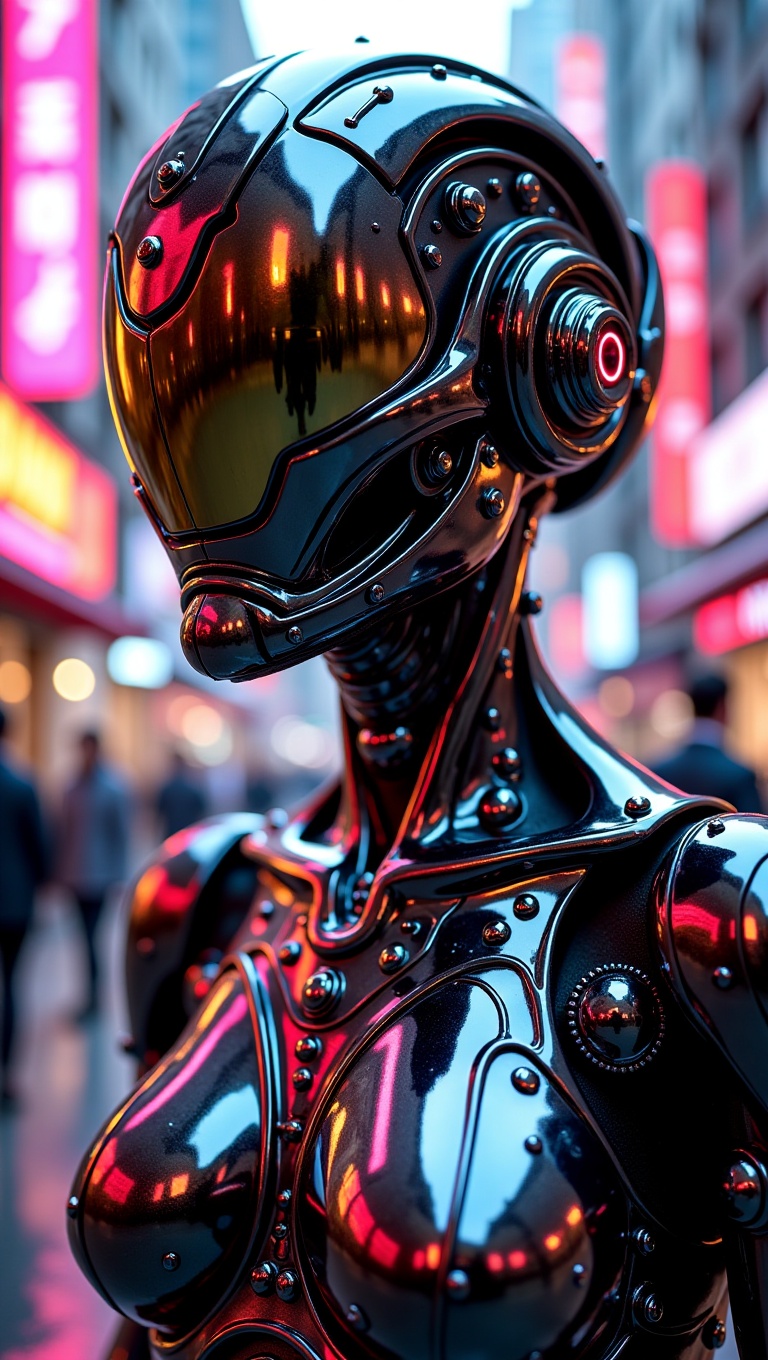 cyberpunk android,  glossy chrome surface,  neon reflections on Tensor.Art