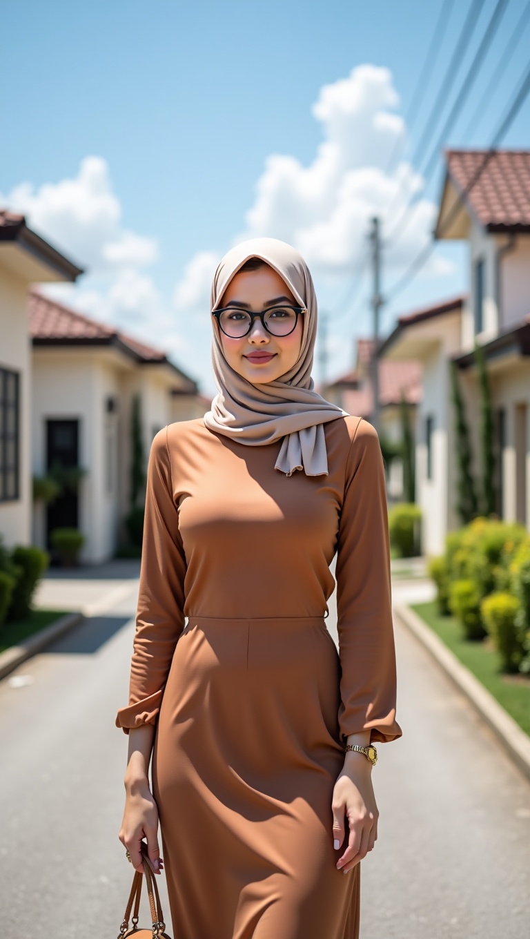 A beautiful young woman with a serene expression,  wearing a stylish,  form-fitting brown dress and a light beige hijab. S...