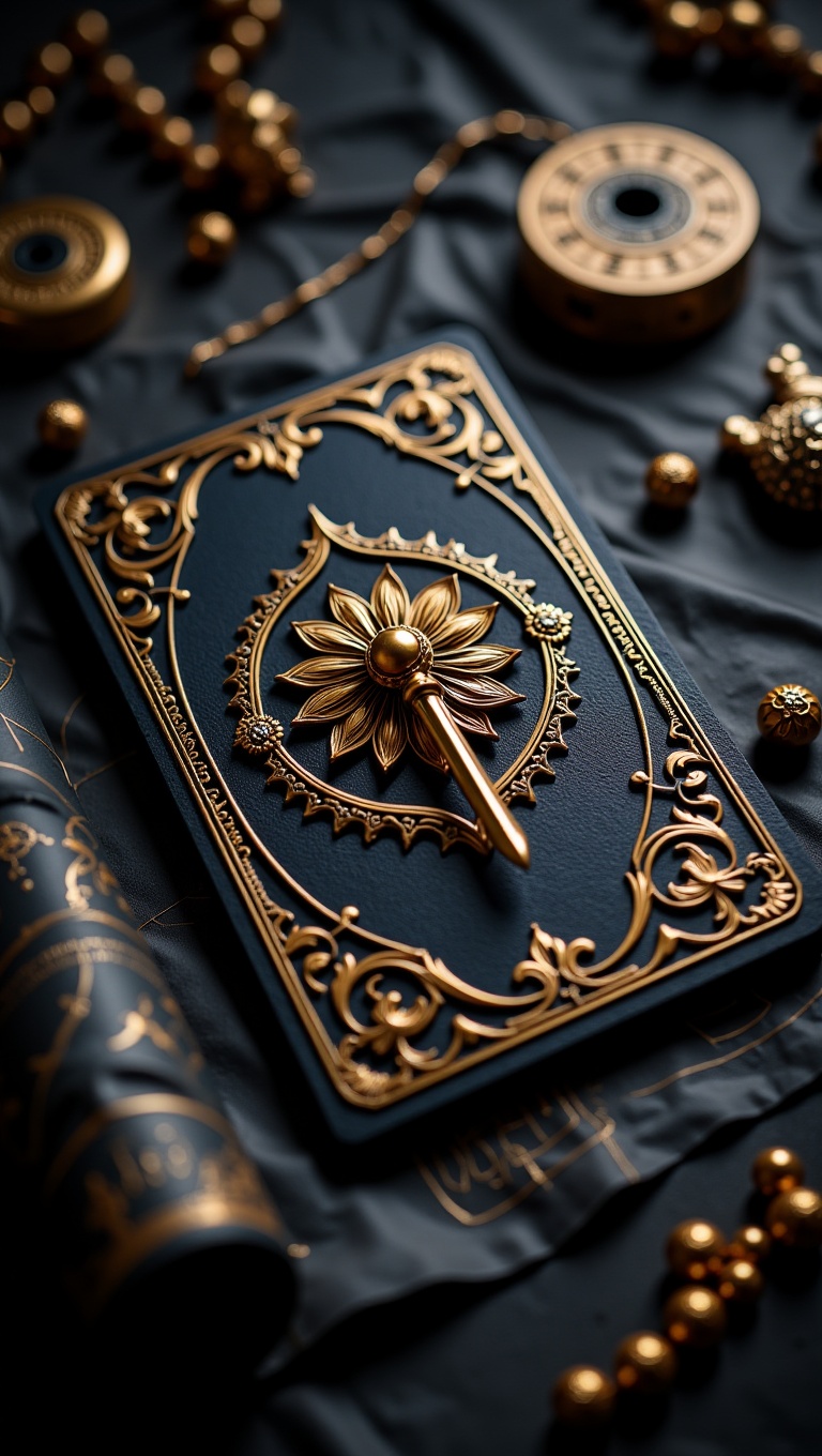 A macro shot of a hyperrealistic fantasy game piece. The central piece is a rectangular card made of dark,  textured mater...