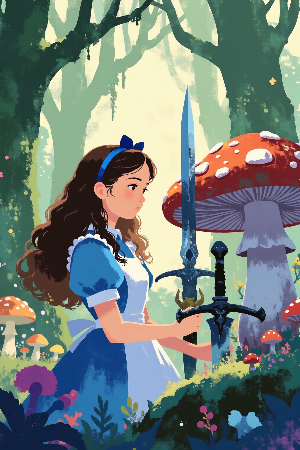 minimalist5 illustration A young Japanese woman dressed as Alice in Wonderland. She has long,  wavy hair,  held back by a...