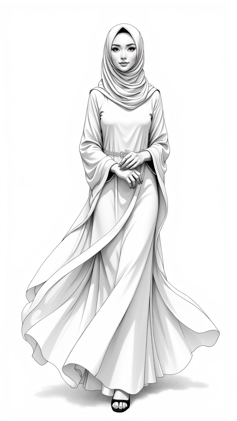 A Chinese calligraphy and doodle art sketch of an elegant woman wearing a layered,  flowy long hijab,  portrayed in a mini...