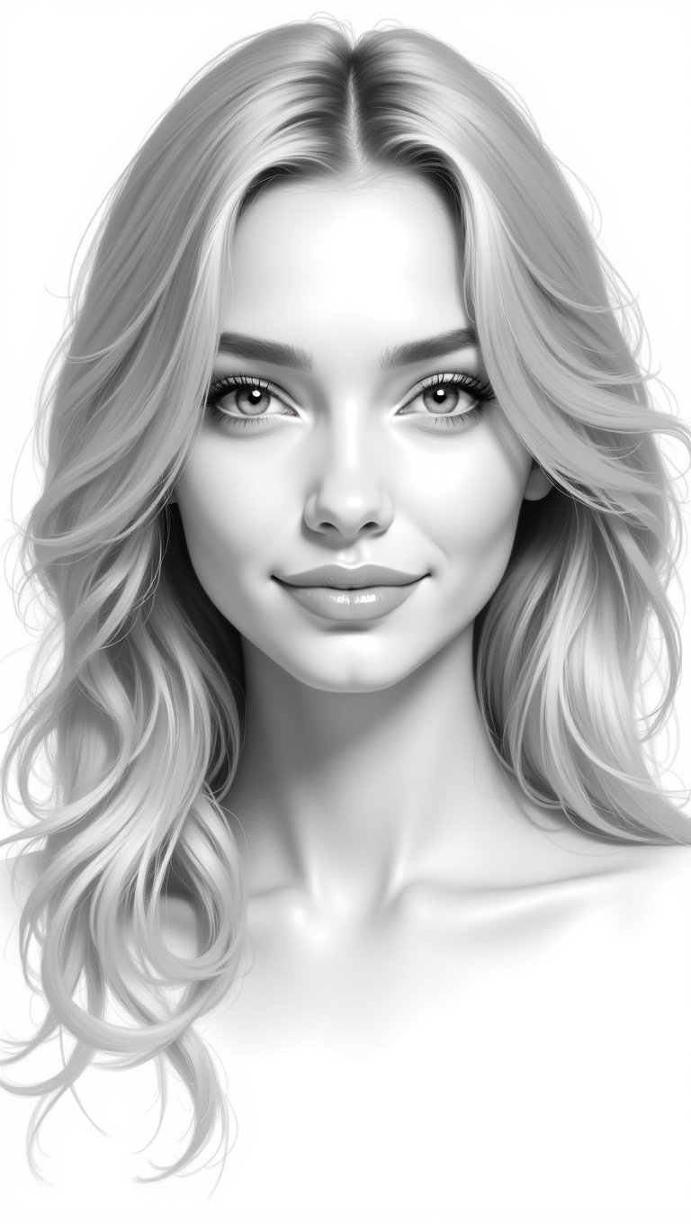 A photorealistic,  hyper-detailed portrait of a young woman,  in the style of a clean digital sketch. The image should be...