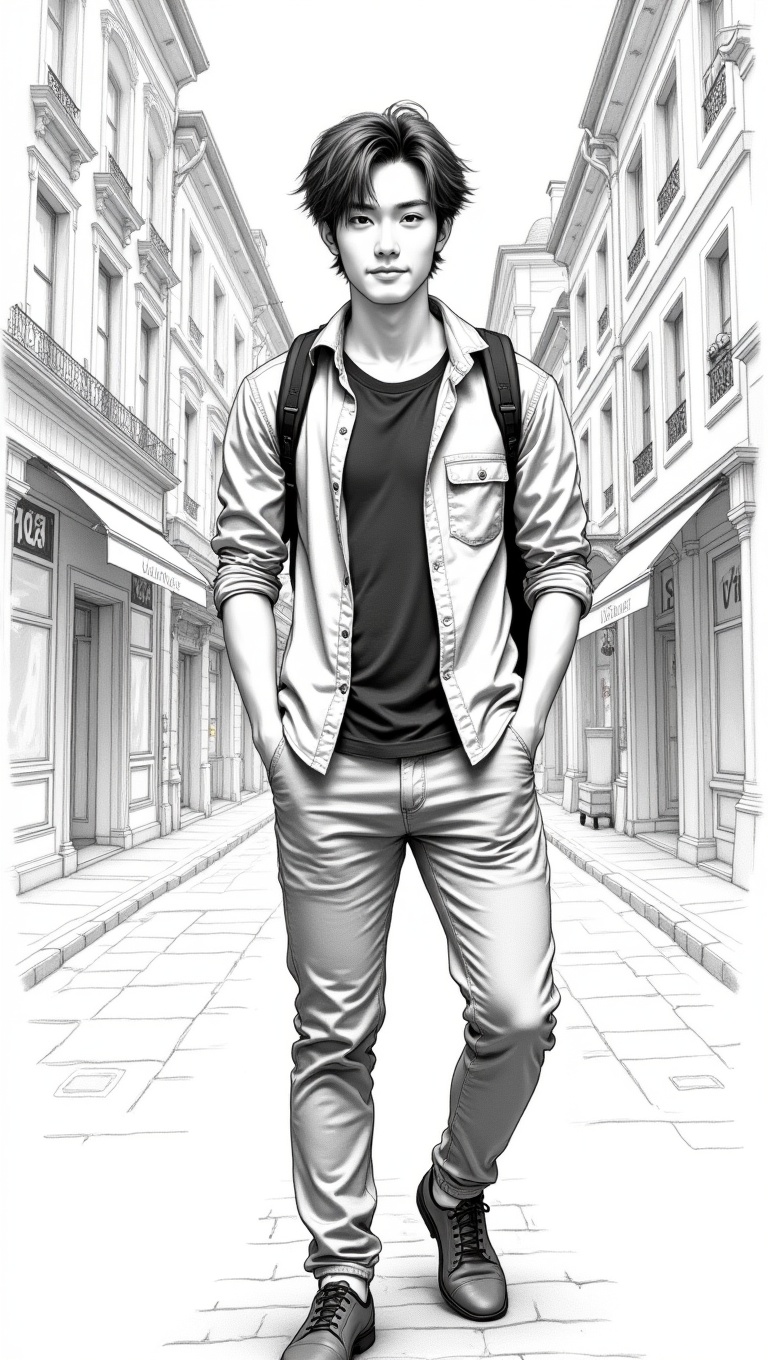 A detailed black and white pencil sketch of a full-body shot of a handsome East Asian man with tousled,  messy brown hair,...