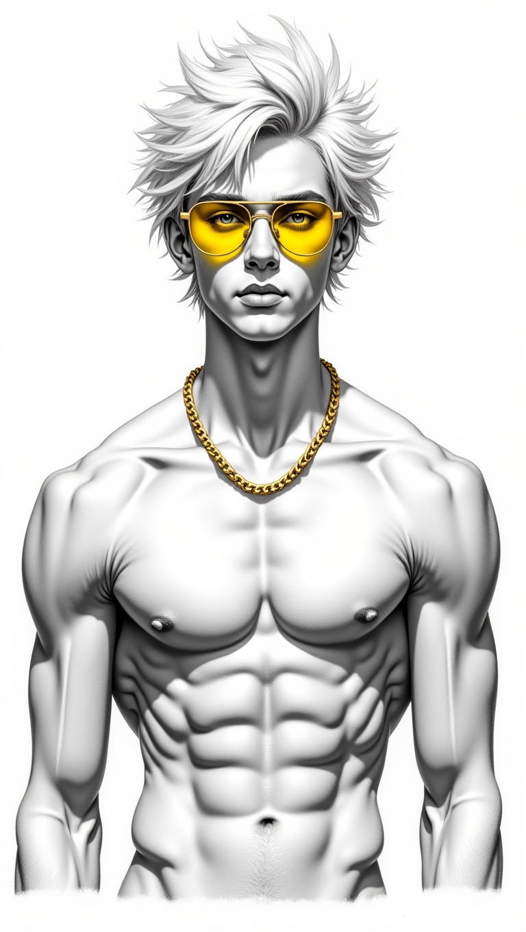A black and white pencil drawing of a muscular young man with messy white hair,  wearing yellow-tinted sunglasses and a go...
