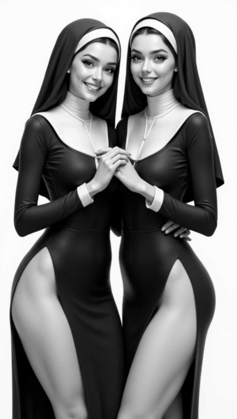 A highly detailed grayscale digital painting of two young women dressed in stylized,  modernized nun habits. The figures s...