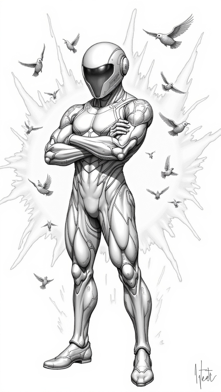 A black and white pencil sketch of a man in a futuristic suit with intricate metallic patterns. He wears a sleek helmet wi...
