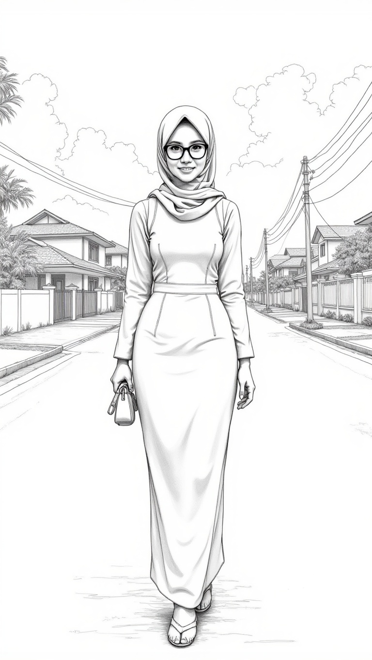 A black and white pencil drawing of a young Malaysian woman wearing a hijab and glasses,  standing on a residential street...