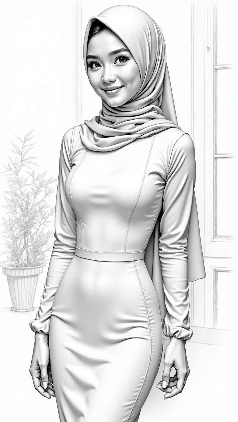 A highly detailed,  realistic pencil drawing in black and white,  depicting a beautiful young woman of Malaysian ethnicity...