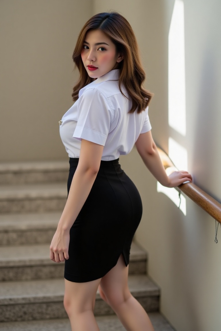 From below,  a view shows a woman in a white short-sleeve shirt and black pencil skirt walking up stairs. She has thin und...