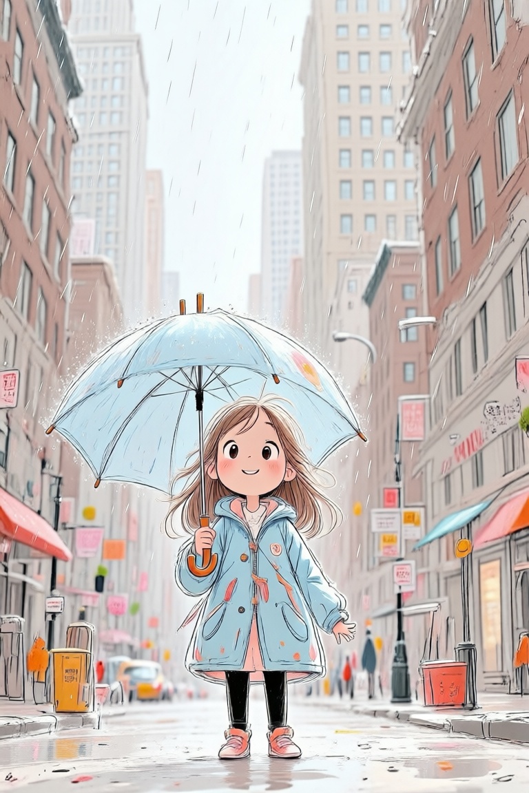 Line art Qwen,  A small child in a light blue jacket holds an umbrella in a rain-soaked city street. The scene is framed w...
