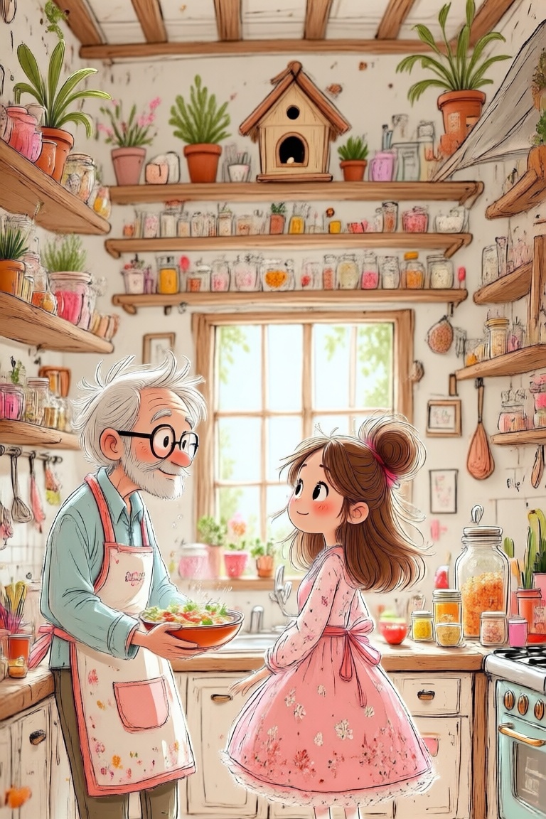 The image depicts a cozy kitchen scene with two characters. On the left,  there is an elderly man with white hair and glas...