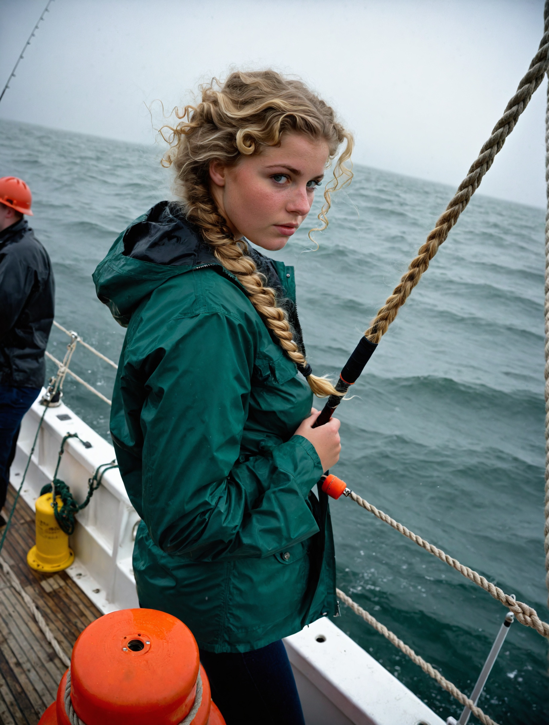 A photograph of 18-year-old British girl,  voluptuous silhouette,  fishing on trawler deck on Tensor.Art
