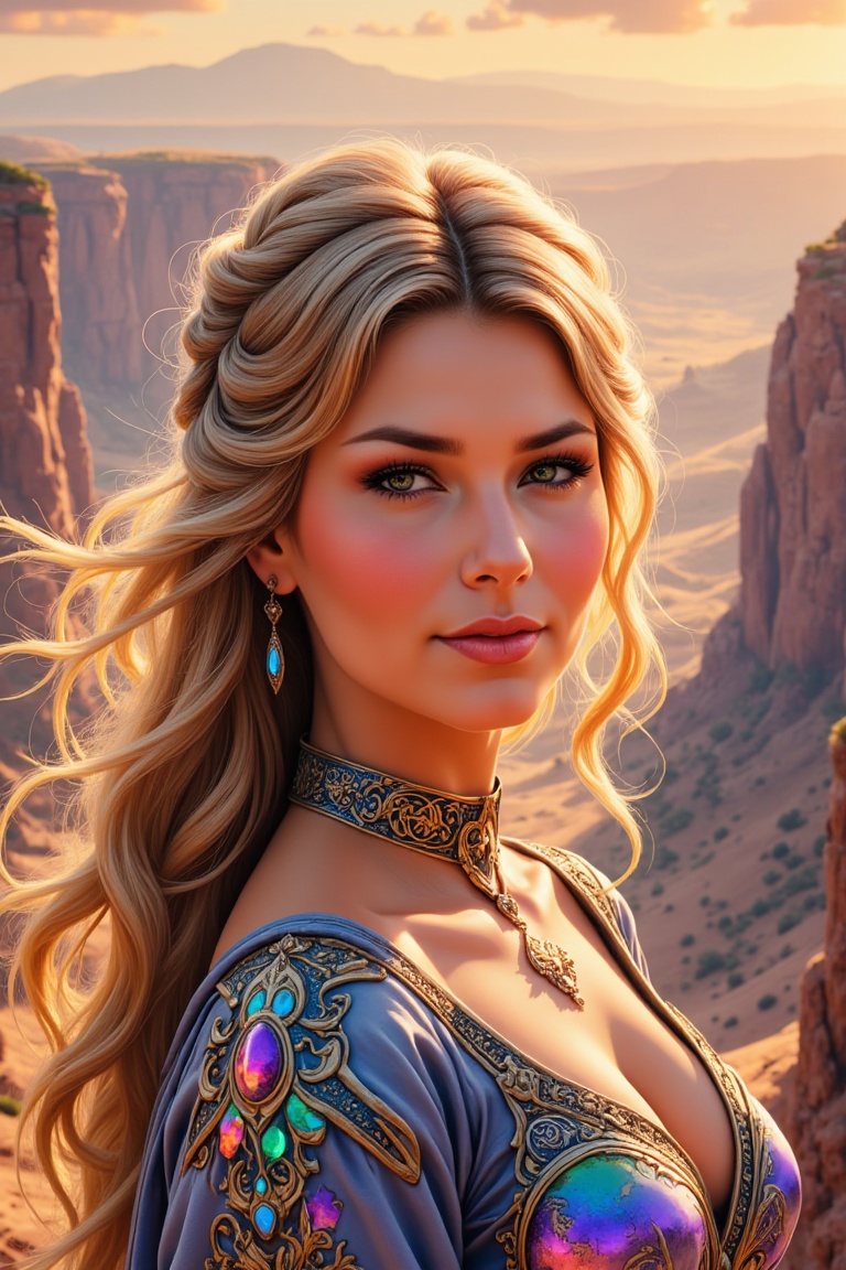 Amazing upper portrait of novell character Aviendha,  long blonde wavy hair,  beautiful face and aura on Tensor.Art
