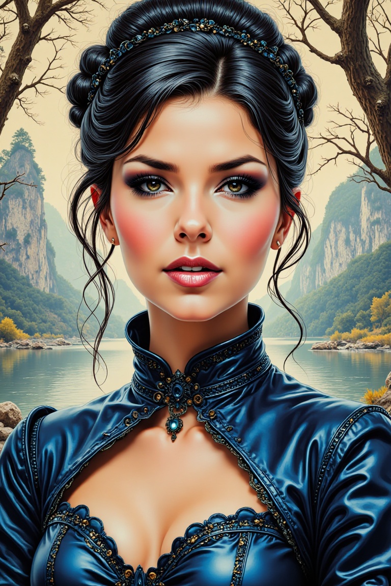 The Beauty Shania dressed in modem blue Corsage dress attire,  clear and detailed eyes,  upper body on Tensor.Art