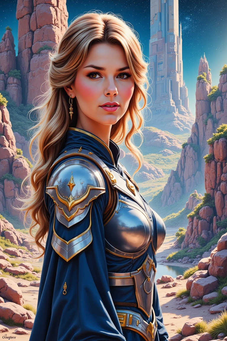 Shania as Universe Princess,  a breathtaking womanin front of a stunning landscape view with rocks and sky scrapers as bac...