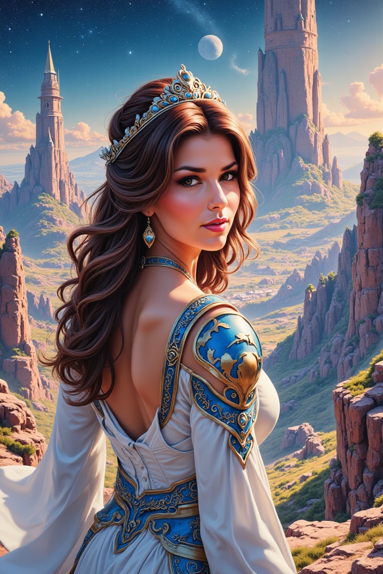Shania as Universe Princess,  a breathtaking womanin front of a stunning landscape view with rocks and sky scrapers as bac...