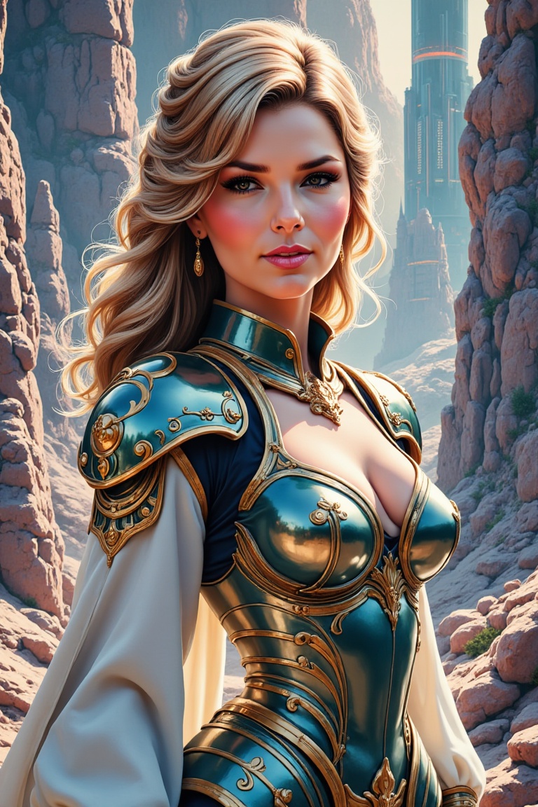 Shania as Universe Princess,  a breathtaking womanin front of a stunning landscape view with rocks and sky scrapers as bac...