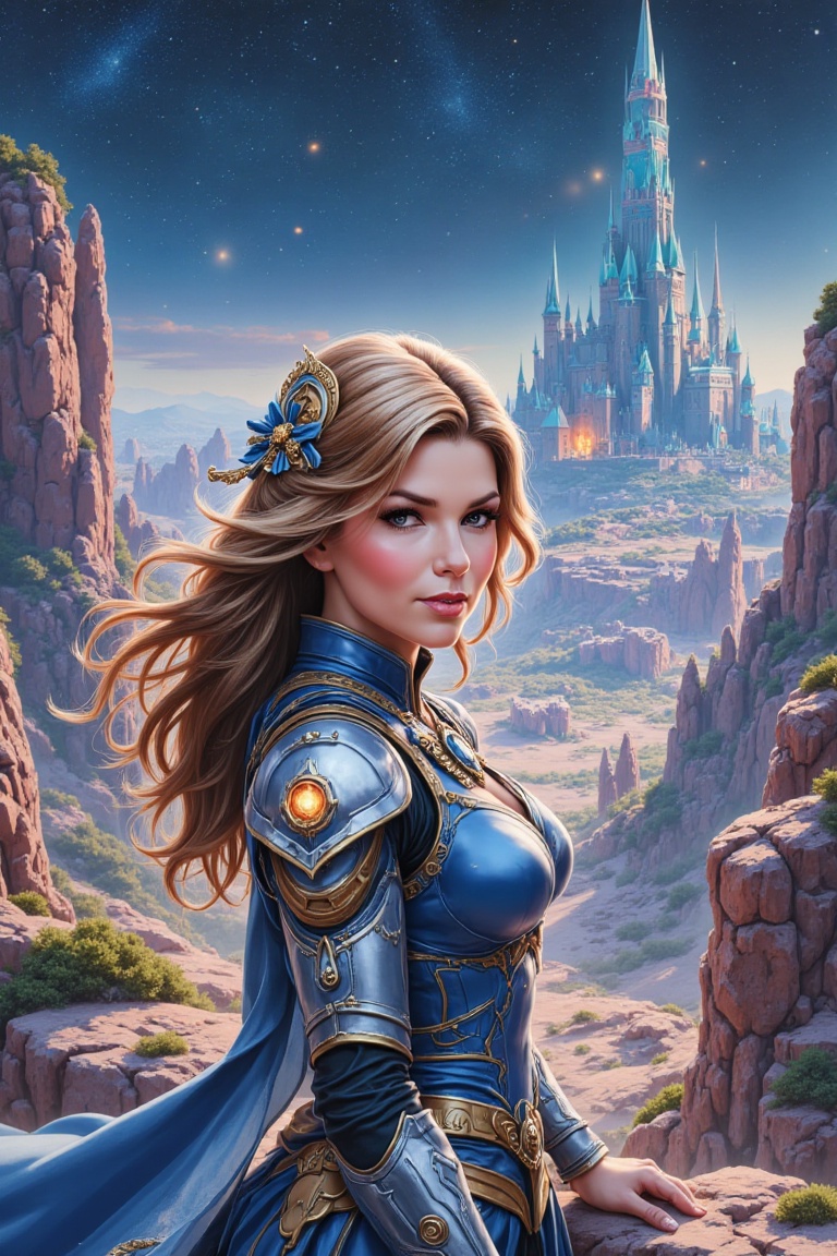 Shania as Universe Princess,  a stunning landscape view with rocks and sky scrapers as background,  night mood on Tensor.Art