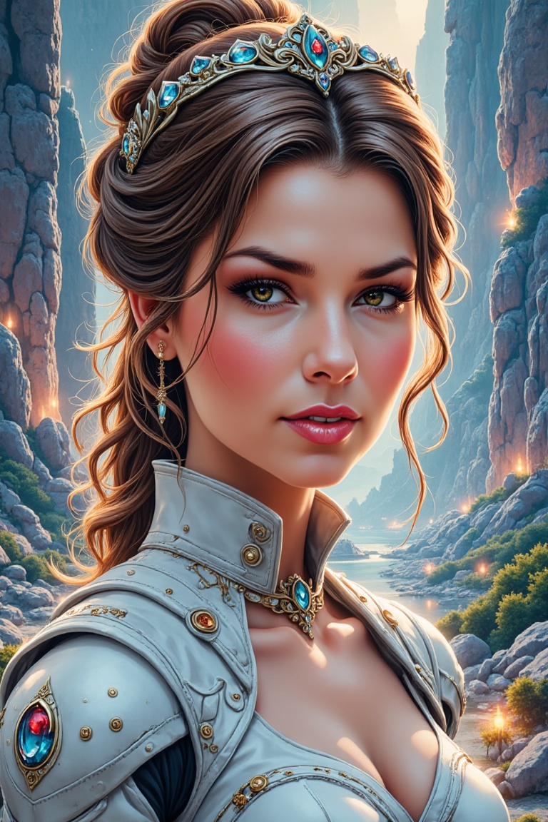 Shania as Universe Princess,  a breathtaking womanin front of a stunning landscape view with rocks and sky scrapers as bac...