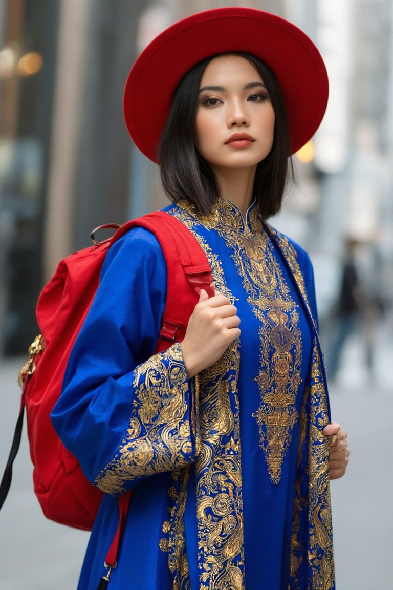 A woman in oriental glam fashion on the street,  wearing a blue and gold color cloth,  red hat on Tensor.Art