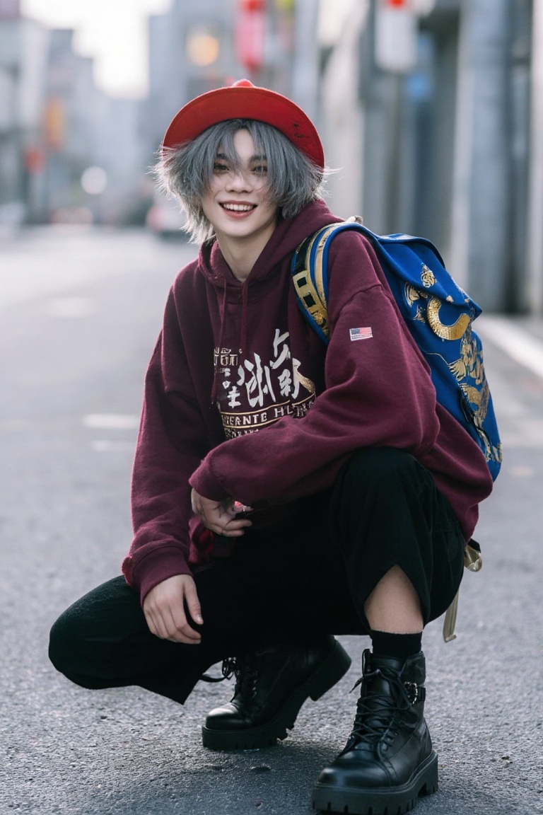Full body shot of a stylish androgynous young person in Oriental Glam Fashion,  squatting on an asphalt street,  wearing a...
