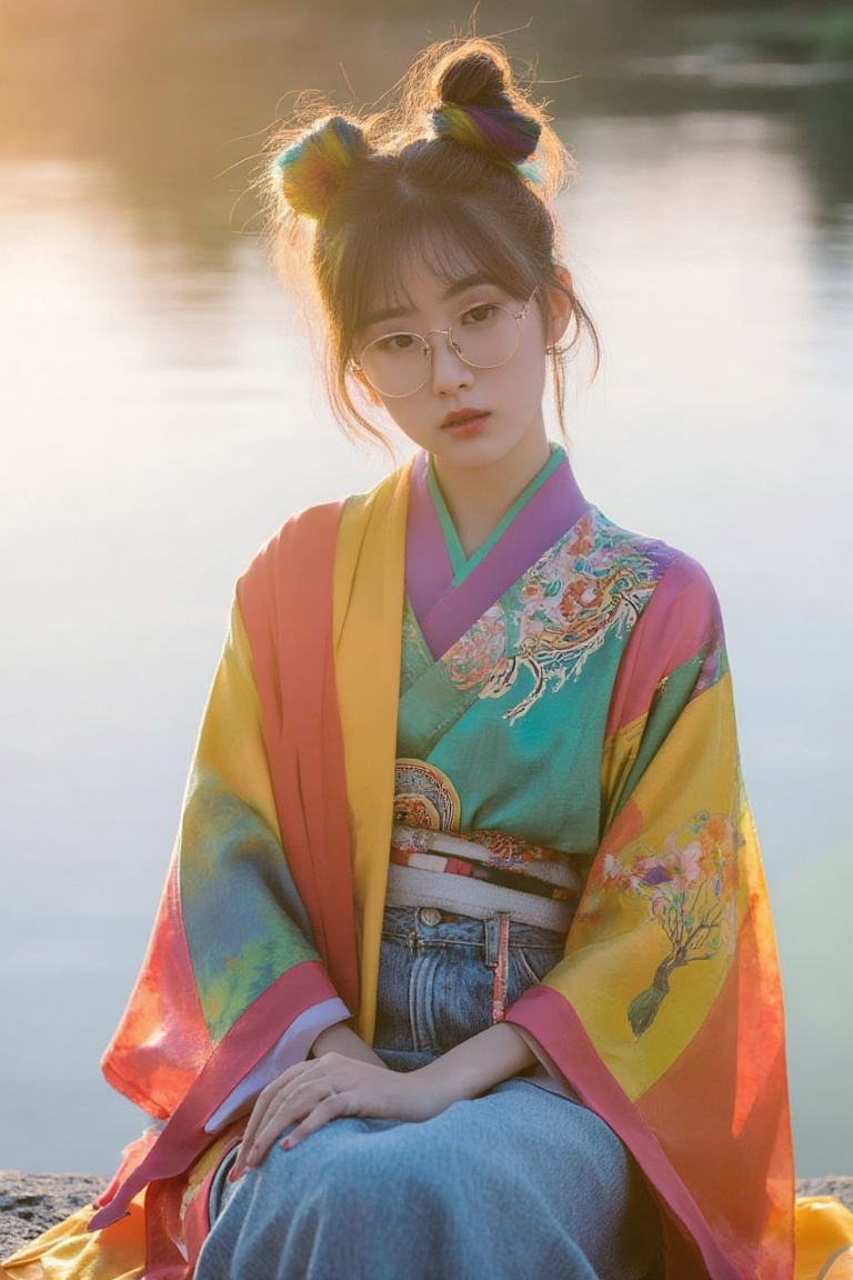 A Japanese girl in Oriental Glam Fashion at a lake,  embracing kawaii style with messy bun hair in rainbow colors,  wearin...