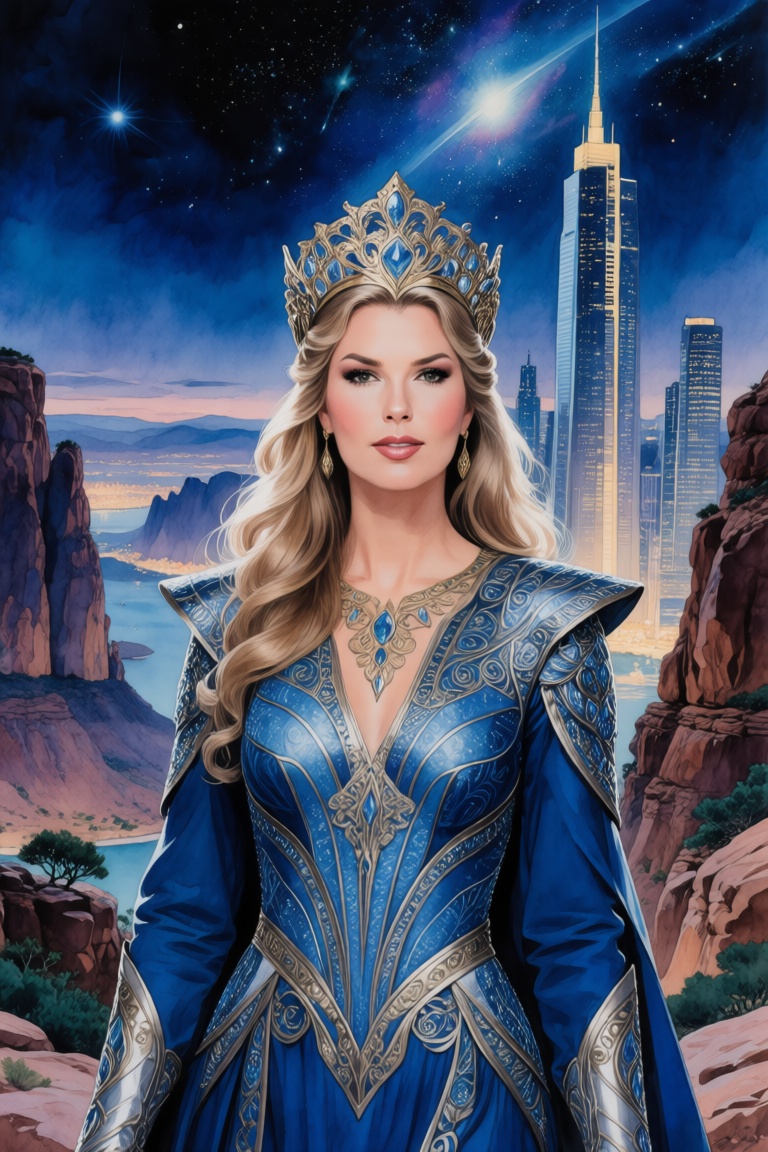Shania as Universe Princess,  a breathtaking womanin front of a stunning landscape view with rocks and sky scrapers as bac...