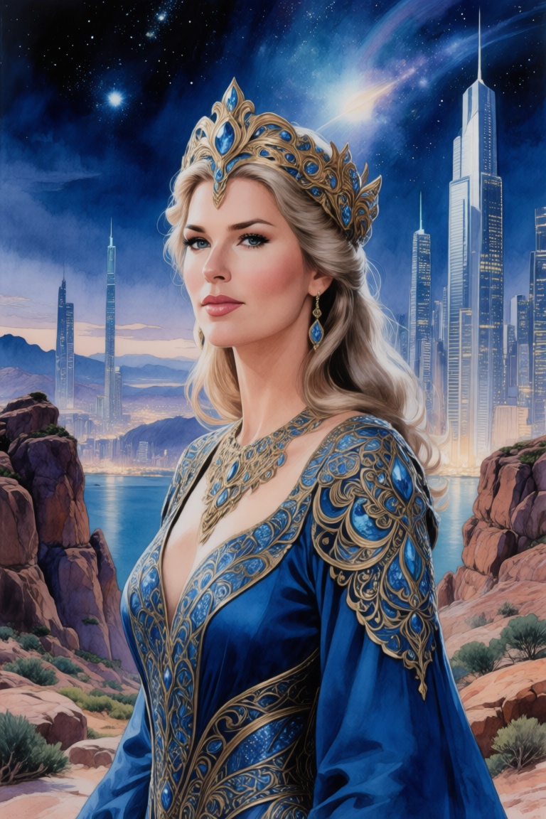 Shania as Universe Princess,  a breathtaking womanin front of a stunning landscape view with rocks and sky scrapers as bac...