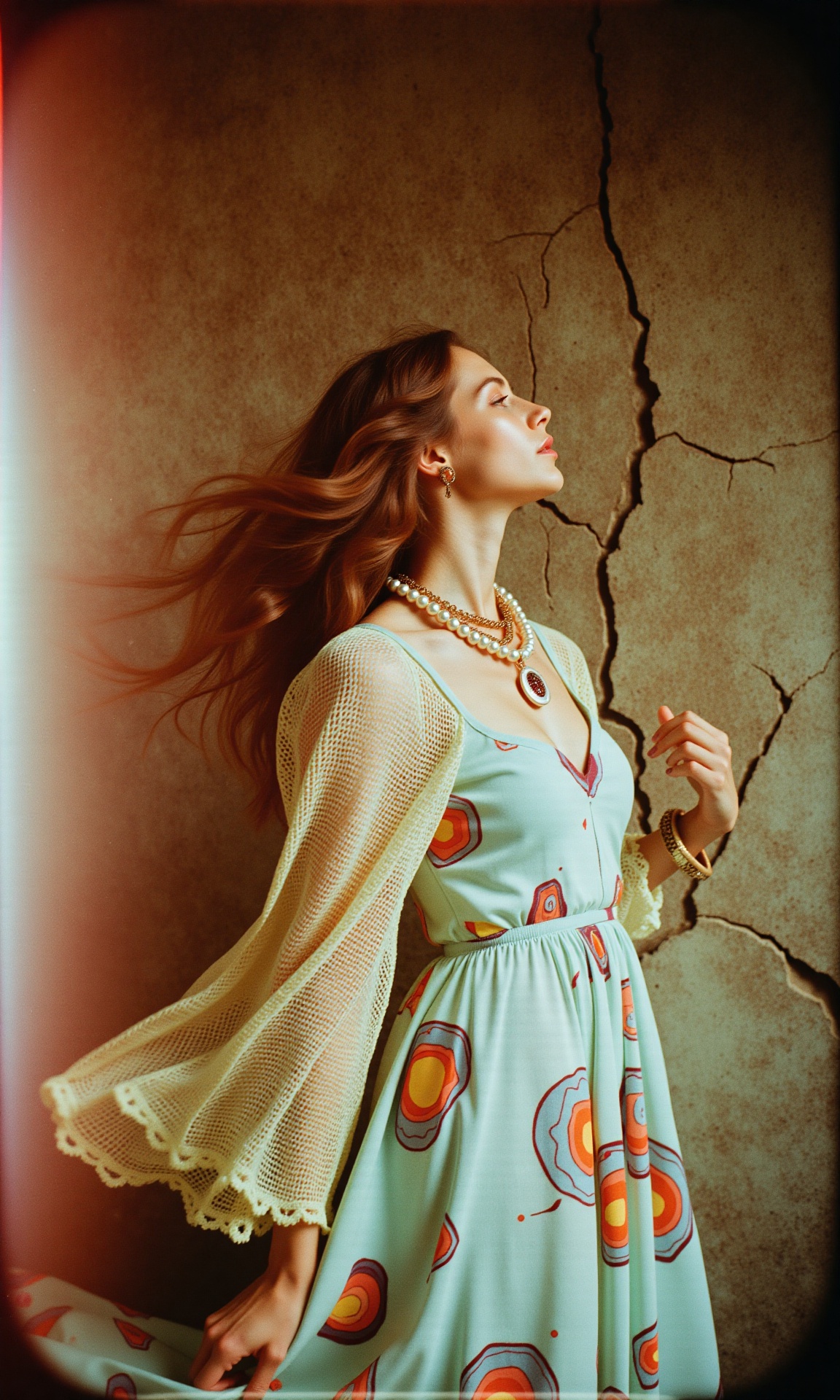 the enchanting realm of the 1970s,  where an iconic bohemian flair is reimagined through a surreal,  dreamlike lens. Frame...