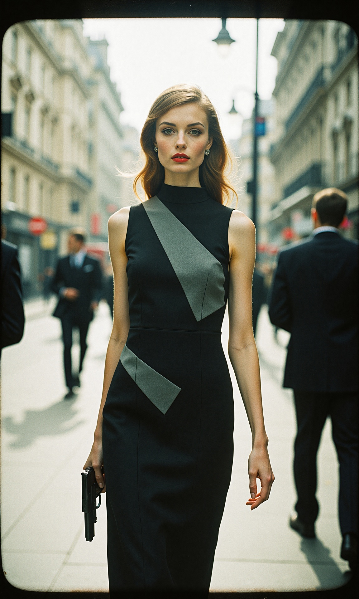 "Twiggy,  the 60s fashion icon,  embodies the elegance and sophistication of a 007 special agent in this captivating Londo...