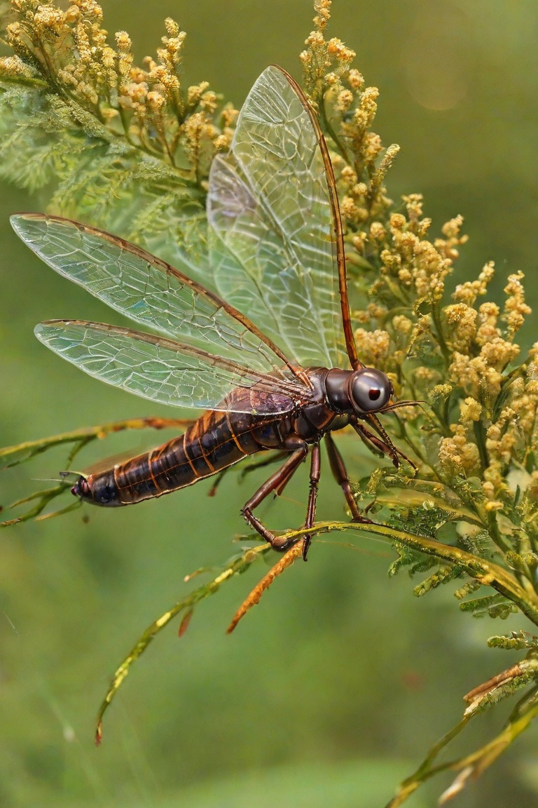 This is a close-up photograph of two dragonflies perched on a thin brown textured branch. The dragonflies have transparent...