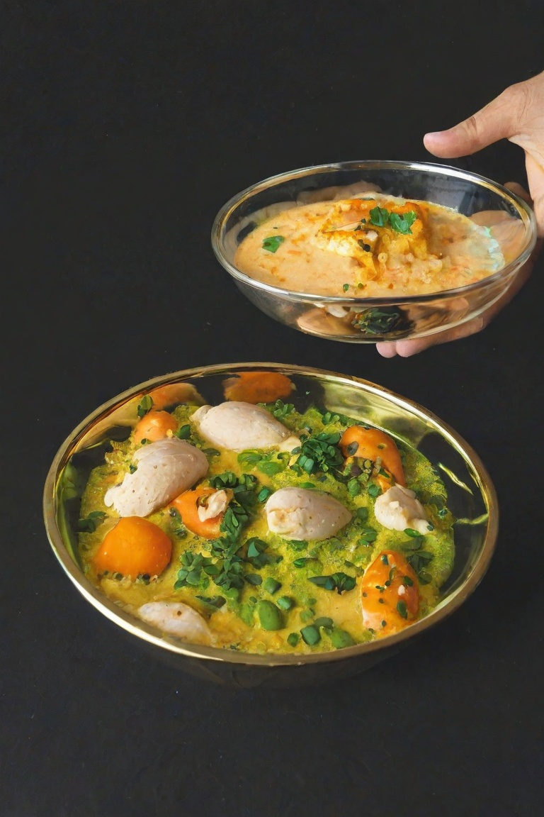 Photograph of a rich creamy curry dish in a round glass bowl with ornate gold-colored handles. The curry a vibrant orange-...