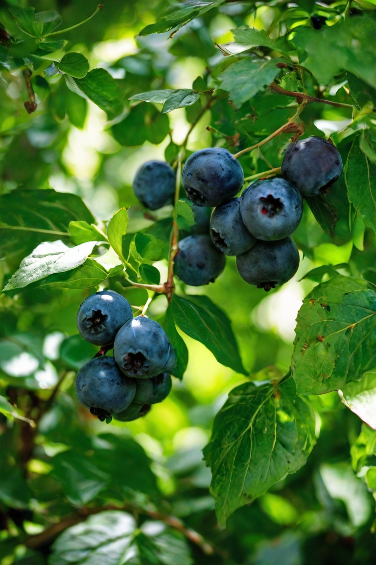 Photograph of a cluster of blueberries in a natural setting. The berries varying in shades from pale green to deep blue ar...