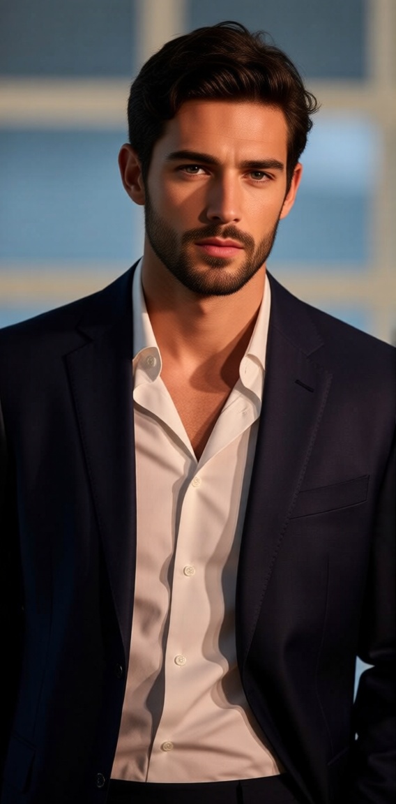 The image shows a person wearing a dark suit jacket over a light-colored shirt. The shirt is slightly unbuttoned at the co...