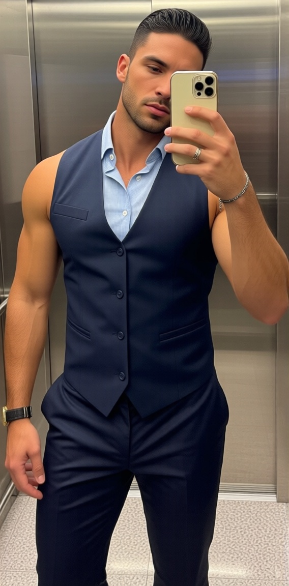 The image shows a person taking a selfie in what appears to be an elevator. The individual is wearing a tailored dark blue...