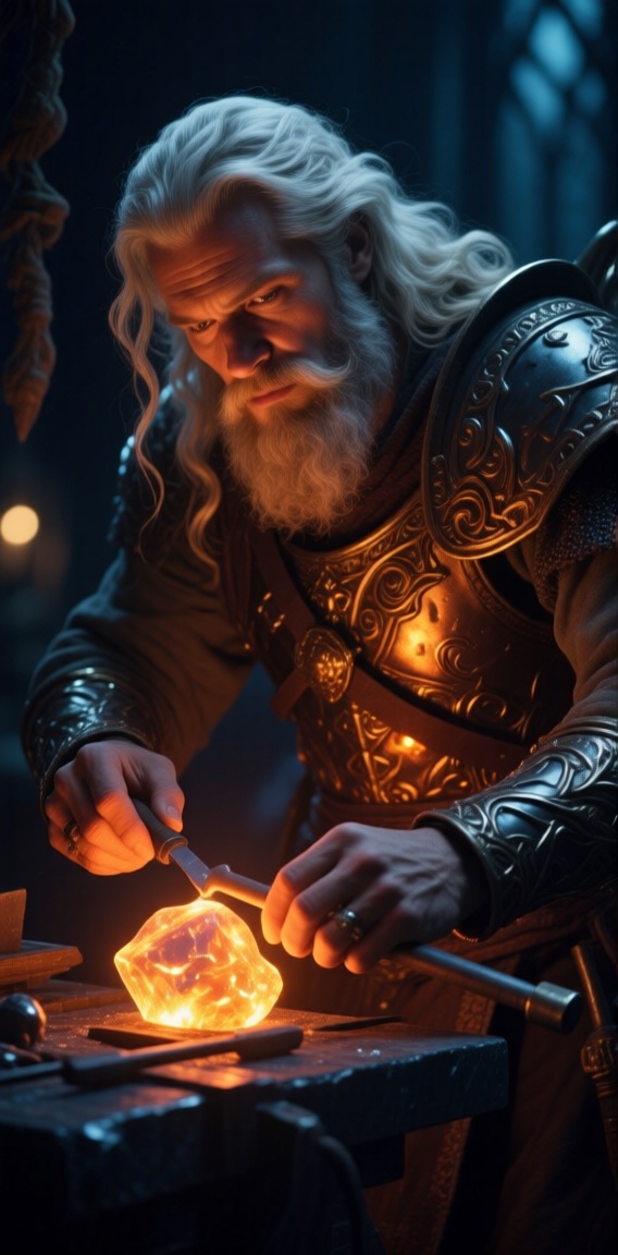 The image depicts a fantasy scene where a bearded man with long white hair and a beard is seen working with a hammer. He i...