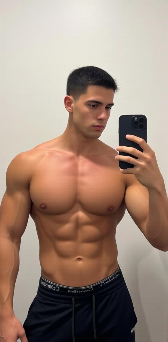 The image shows a person taking a selfie in front of a plain white wall. The individual is shirtless,  showcasing a well-d...