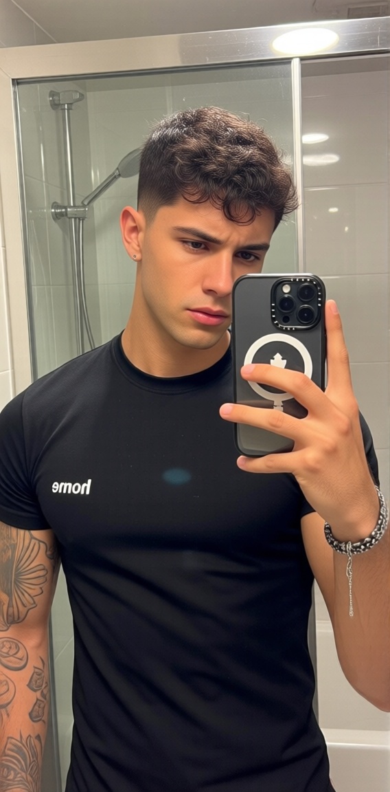The image shows a person taking a selfie in a bathroom. The individual is wearing a black t-shirt with a visible collar th...