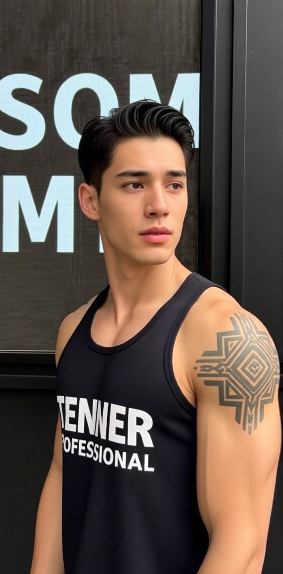 The image shows a person wearing a black sleeveless **** top with the text "TENTER PROFESSIONAL" printed on it. The person...